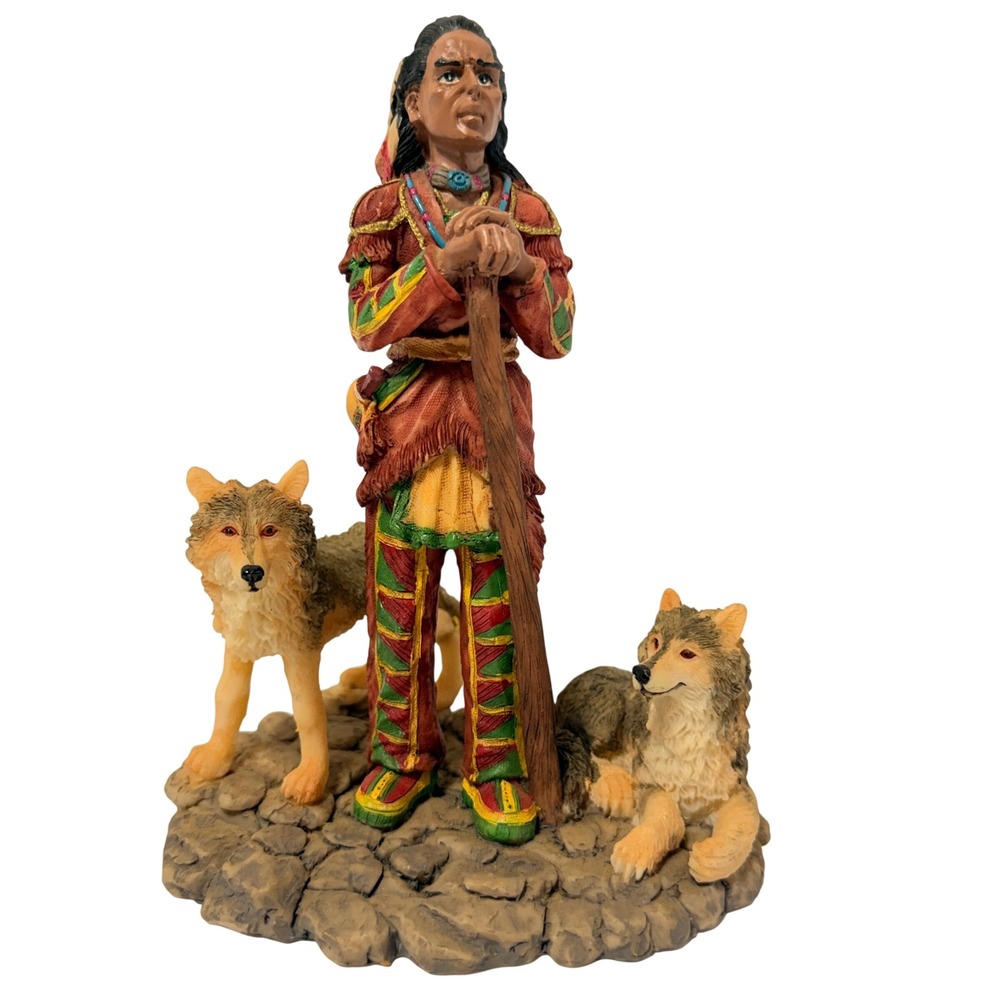 Youngs Native American Man with Wolves Resin Figurine 6 Inch Southwestern Decor